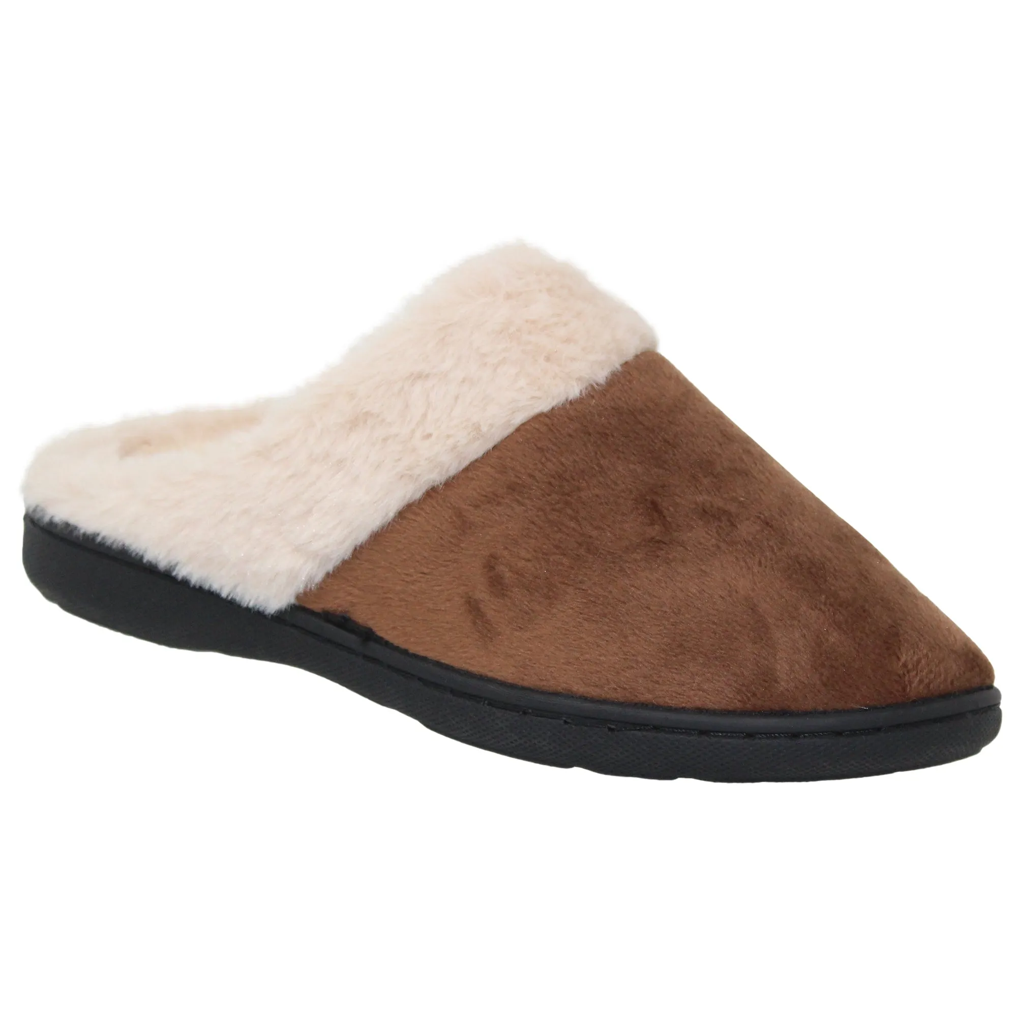 Women's Fuzzy Clog Slippers Closed Toe Flats Two-Tone Fur-Collar