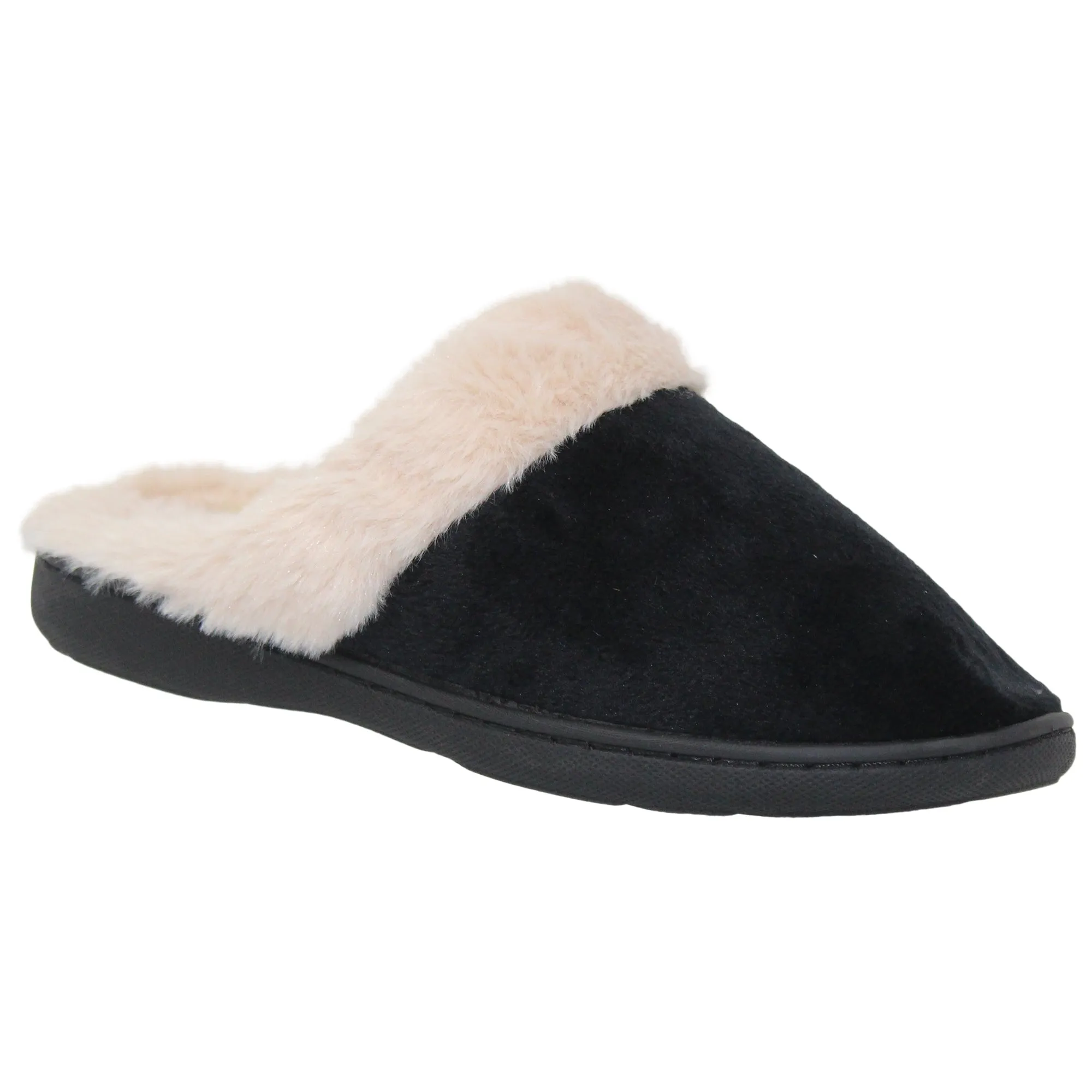 Women's Fuzzy Clog Slippers Closed Toe Flats Two-Tone Fur-Collar